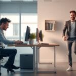 An office environment with a person sitting at a desk for a long time, looking stressed or tired. Show a contrast between sedentary behavior and healthy movement. In the background, a clock showing the passage of time. On one side of the image, the person is sitting hunched over, with visible signs of fatigue (dark circles under eyes, poor posture, or a slouch). On the other side, the same person is standing with good posture, stretching or taking a walk outside, looking energized and happy. Use split-image composition to show the negative effects of prolonged sitting versus the positive effects of movement. Bright, professional colors with emphasis on health and wellness. Include some natural elements like plants or fresh air to symbolize vitality and well-being. The image should have a clear focus on the contrast between sitting and moving, with a balance of visual appeal and clarity.