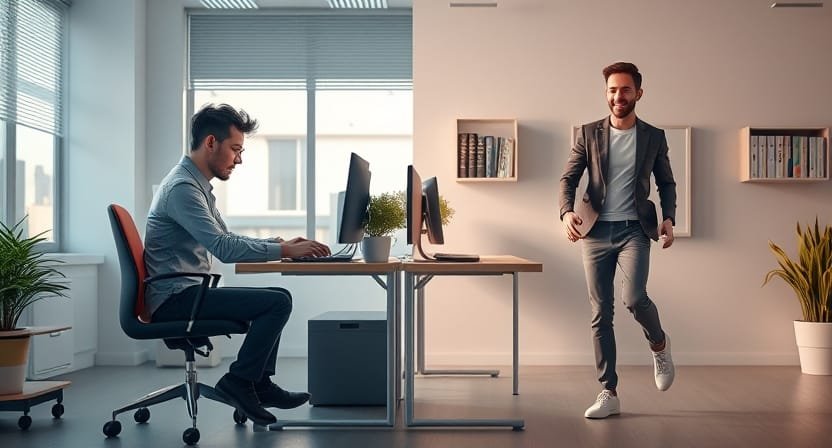 An office environment with a person sitting at a desk for a long time, looking stressed or tired. Show a contrast between sedentary behavior and healthy movement. In the background, a clock showing the passage of time. On one side of the image, the person is sitting hunched over, with visible signs of fatigue (dark circles under eyes, poor posture, or a slouch). On the other side, the same person is standing with good posture, stretching or taking a walk outside, looking energized and happy. Use split-image composition to show the negative effects of prolonged sitting versus the positive effects of movement. Bright, professional colors with emphasis on health and wellness. Include some natural elements like plants or fresh air to symbolize vitality and well-being. The image should have a clear focus on the contrast between sitting and moving, with a balance of visual appeal and clarity.