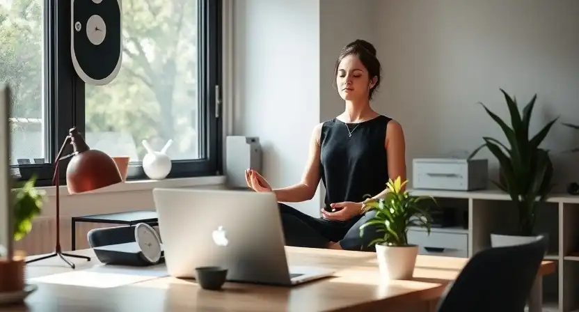 Person taking a mindful pause at their desk, symbolizing stress detox through micro-breaks