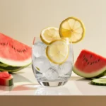 Glass of water with lemon slices and hydrating fruits for health and hydration