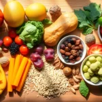 Clean Eating for Beginners meal setup with fresh fruits, vegetables, and grains.